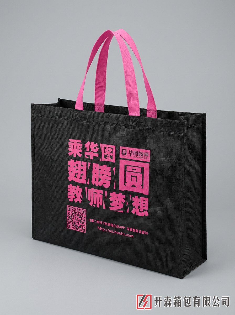 黑色无纺布手提袋 华图教师培训学校宣传袋 定制玫红Logo广告礼品袋厂家直销